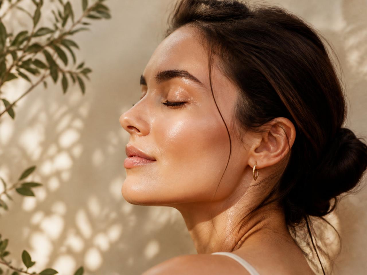 Close-up of calm, healthy-looking skin in soft natural light